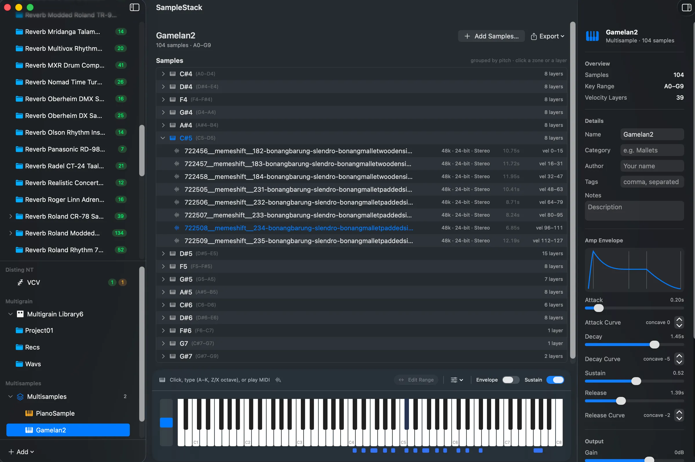SampleStack building a multisample instrument with keyboard zones and amp envelope