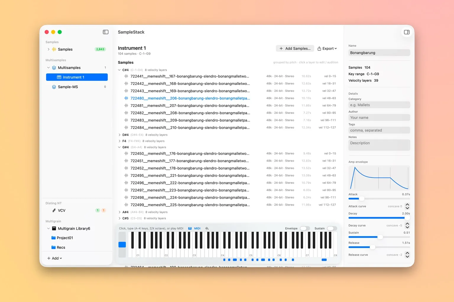 SampleStack multisample mode, showing each note zone as a group along the top and its coverage across a piano keyboard below.